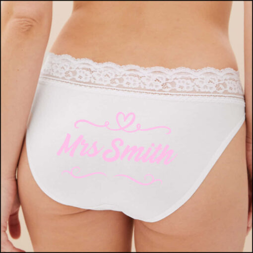 Personalised Bridal Knickers, Bride Panties personalised White Lace Top Bridal Underwear. Personalised panties for bride with pink print. Personalised Bridal Knickers, Bride Panties personalised White Lace Top Bridal Underwear. Personalised panties for bride with pink print.