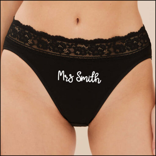 Personalised Name Knickers, Bride Name Knickers in Black. Any Name printed on black lace cotton panties. Personalised Name Knickers, Bride Name Knickers in Black. Any Name printed on black lace cotton panties.