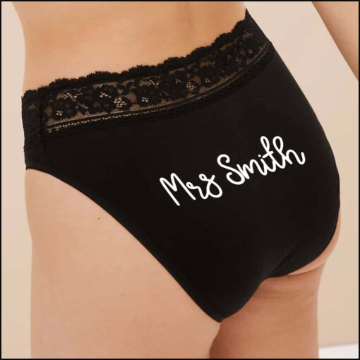 Personalised Name Knickers, Bride Name Knickers in Black. Any Name printed on black lace cotton panties. Personalised Name Knickers, Bride Name Knickers in Black. Any Name printed on black lace cotton panties.