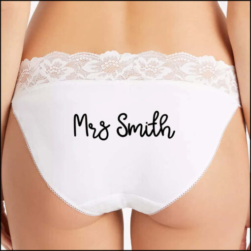 Personalised Name Knickers, Bride Name Knickers in White. Any Name printed on white lace cotton panties. Personalised Name Knickers, Bride Name Knickers in White. Any Name printed on white lace cotton panties.