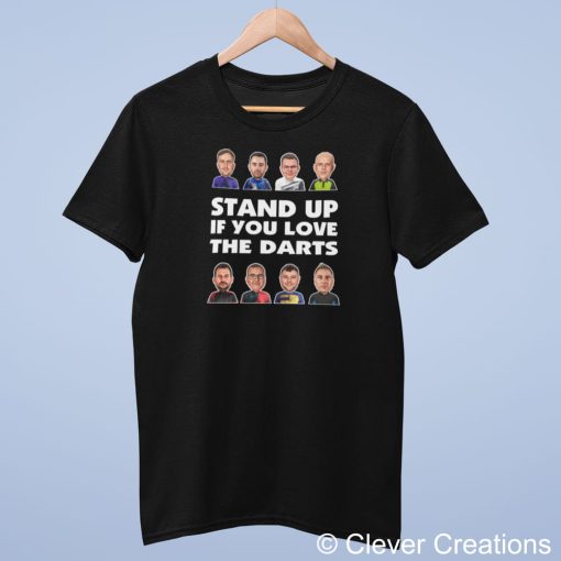 13 A 2026 premier league darts shirt featuring a unique design with cartoon-style player portraits of all the 2026 premier league darts players and bold white text reading “STAND UP IF YOU LOVE THE DARTS.” This unique darts shirt makes a great outfit for the PDC darts events and celebrates fans of the 2026 Premier League Darts.