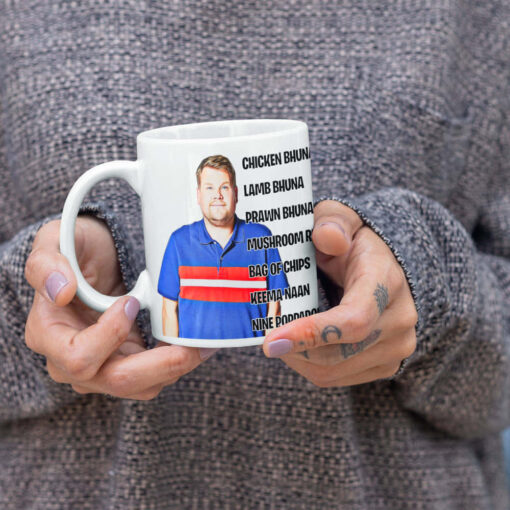 Gavin and Stacey Chicken Bhuna Mug Gavin and Stacey Chicken Bhuna Mug, Smithy Indian Takeaway order, chicken bhuna, lamb bhuna, prawn bhuna, mushroom rice, bag of chips, keema naan and nine poppadoms.