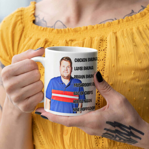 Gavin and Stacey Chicken Bhuna Mug Gavin and Stacey Chicken Bhuna Mug, Smithy Indian Takeaway order, chicken bhuna, lamb bhuna, prawn bhuna, mushroom rice, bag of chips, keema naan and nine poppadoms.