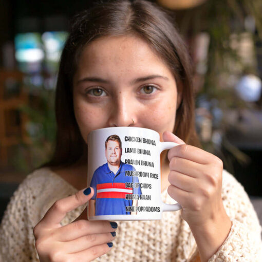 Gavin and Stacey Chicken Bhuna Mug Gavin and Stacey Chicken Bhuna Mug, Smithy Indian Takeaway order, chicken bhuna, lamb bhuna, prawn bhuna, mushroom rice, bag of chips, keema naan and nine poppadoms.