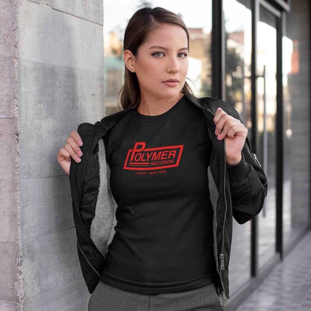 Spinal Tap Tshirt on women - Ladies Polymer Records print in red