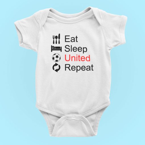 White baby onesie on a light blue background featuring the phrase "Eat Sleep United Repeat" with corresponding icons: a fork and knife for "Eat," a bed for "Sleep," a soccer ball for "United" (highlighted in red text), and a circular arrow for "Repeat." The design humorously references the daily routine of a football fan, specifically supporting a team named "United." Ideal for Manchester United baby apparel, soccer-themed baby clothing, or gifts for football-loving parents.