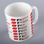 White ceramic mug featuring the 2026 Formula One race calendar with detailed Grand Prix schedule printed in bold red, black, and white; includes flags, country names, city venues, and race dates from the 2026 f1 season, making it a must-have F1 fan collectible or gift for motorsport enthusiasts.
