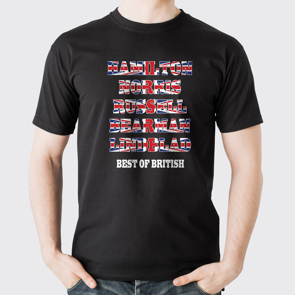 Black T-shirt mockup featuring stacked driver surnames—Hamilton, Norris, Russell, Bearman and Lindblad—in bold Union Jack-style lettering, with “Best of British” underneath; ideal British-themed fan shirt for the 2026 Formula 1 season and Silverstone 2026.