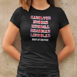 Close-up mockup of a fitted black 2026 Formula 1 fan T-shirt featuring Hamilton, Norris, Russell, Bearman and Lindblad in Union Jack-style lettering with “Best of British” below, ideal for Silverstone F1 2026.