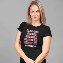 Woman wearing a fitted black T-shirt with Hamilton, Norris, Russell, Bearman and Lindblad in bold Union Jack-style text, plus “Best of British” underneath; a British Formula 1 fan shirt ideal for Silverstone 2026.