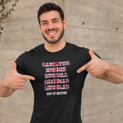 Black T-shirt mockup featuring stacked driver surnames—Hamilton, Norris, Russell, Bearman and Lindblad—in bold Union Jack-style lettering, with “Best of British” underneath; ideal British-themed fan shirt for the 2026 Formula 1 season and Silverstone 2026.