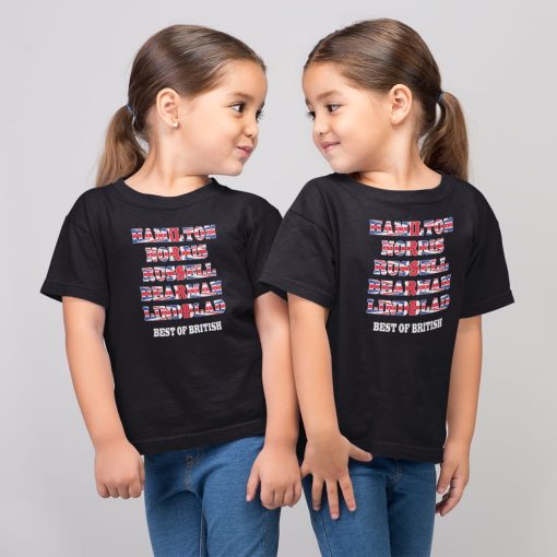 Two children wearing black kids Formula One T-shirts with a Union Jack-style text design featuring Hamilton, Norris, Russell, Bearman and Lindblad, with “Best of British” printed underneath. Two children wearing black kids Formula One T-shirts with a Union Jack-style text design featuring Hamilton, Norris, Russell, Bearman and Lindblad, with “Best of British” printed underneath.