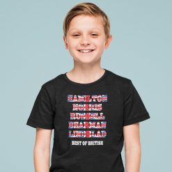 Smiling child wearing a black kids Formula One T-shirt featuring the names Hamilton, Norris, Russell, Bearman and Lindblad in a Union Jack-style design with the phrase “Best of British” underneath.