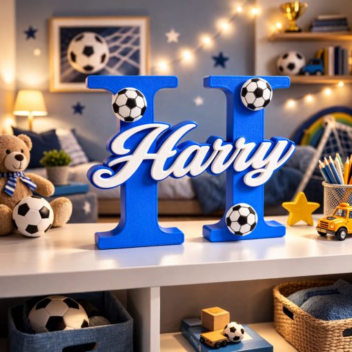 Personalised nursery letter Personalised nursery letter name sign Harry on Blue initial H with football decorations, freestanding kids room décor displayed on nursery shelf with teddy bear and baby items. Available in multiple colour and adornment options.