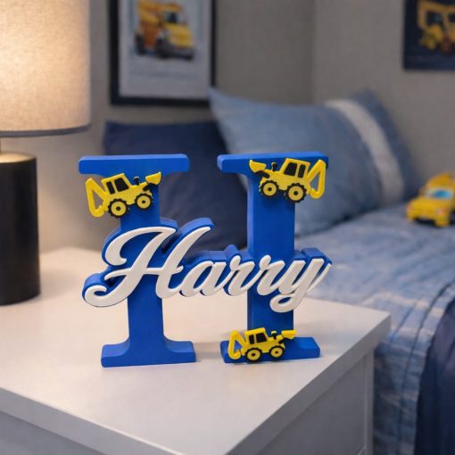 diggers Personalised nursery letter name sign Harry on Blue initial H with digger decorations, freestanding kids room décor displayed on nursery shelf with teddy bear and baby items. Available in multiple colour and adornment options.