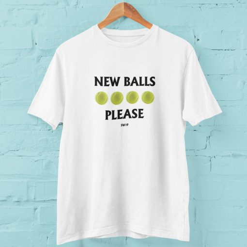 new-balls-please-9 White tennis-themed T-shirt featuring the slogan “New Balls Please” with four tennis balls and SW19 text, inspired by British grass-court tennis tournaments and summer sporting events.